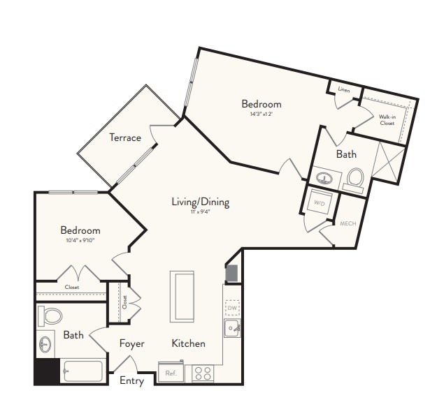 Floor plan for 2 beds, 2 baths, 1067 sqft